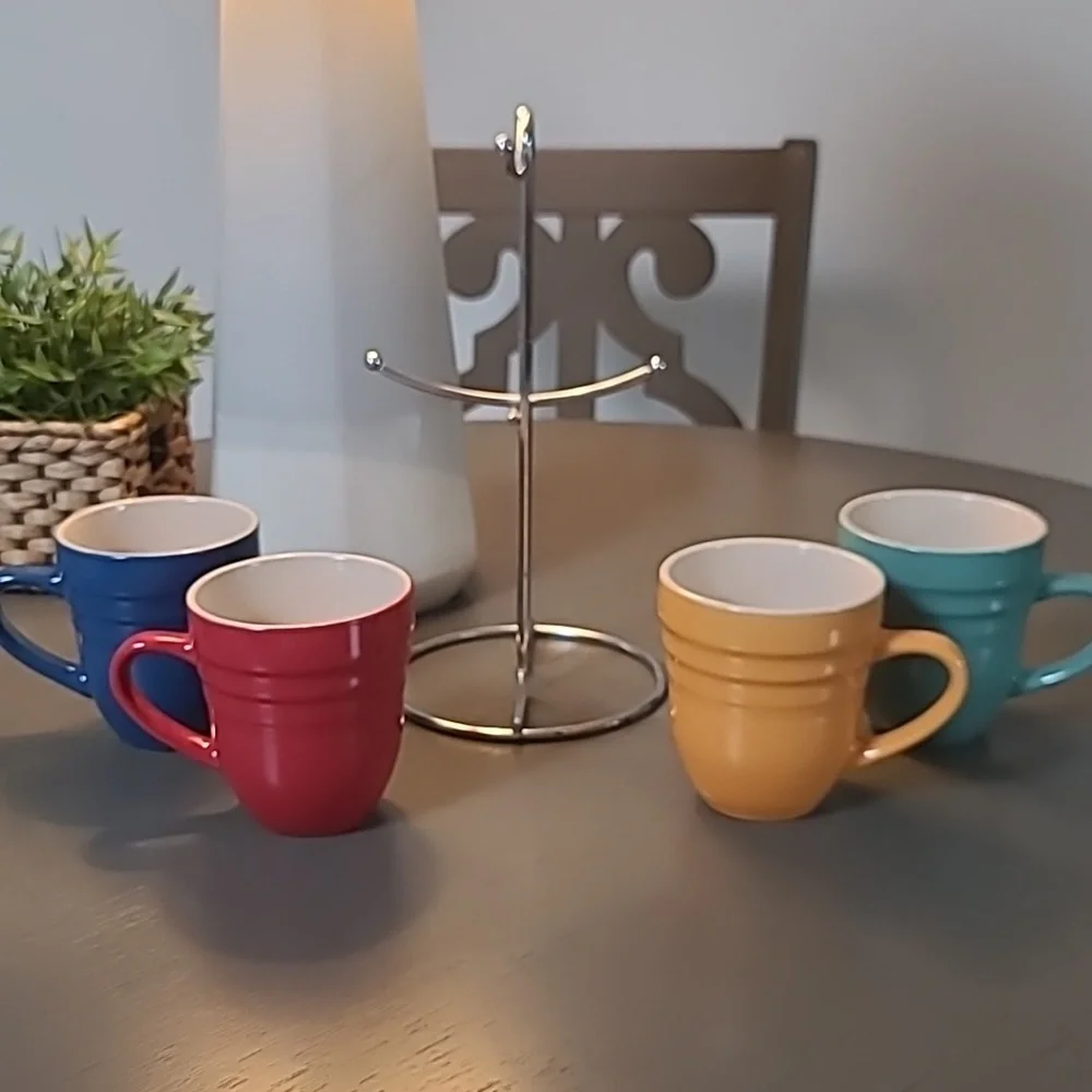 Philippe Richard Hand Painted Colorful Ceramic Mug Set with Chrome Stand